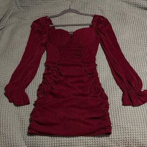 privy Burgundy Ruched Long Sleeve Mini Dress with Subtle Sparkle